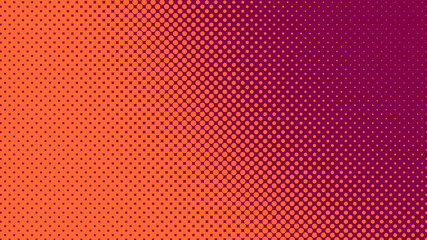 Orange and scarlet pop art background in retro comic style with halftone dots design isolated