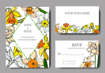 Naklejka premium Vector Narcissus floral botanical flower. Black and white engraved ink art. Wedding background card decorative border.
