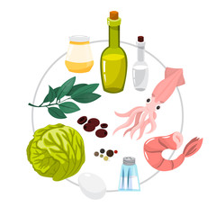 Tasty seafood salad recipe ingredients. Cooking at home.