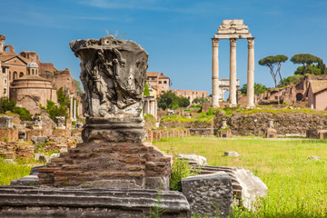 Fototapeta na wymiar Remains of the Basilica Julia and the Temple of Castor and Pollux at the Roman Forum in Rome