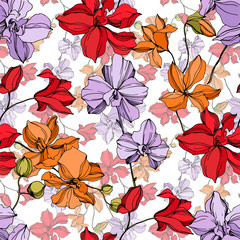 Fototapeta na wymiar Orchid floral botanical flowers. Black and white engraved ink art. Seamless background pattern.