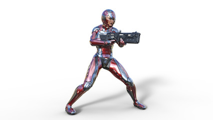 Futuristic android soldier woman in bulletproof armor vest, military cyborg girl armed with sci-fi rifle gun shooting on white background, 3D rendering