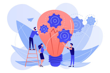 Huge lightbulb and business team holding gears. Teamwork and collaboration, goal achievement, colleagues and workforce concept on white background. Living coral blue vector isolated illustration