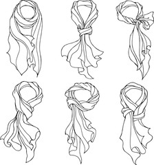Vector set with hand drawn linear silk scarves in different way to tie.