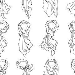 Vector seamless pattern with linear hand drawn silk scarfs in different way to tie. 