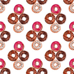 Watercolor background with sweet donuts with sprinkles and icing