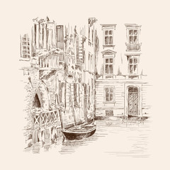 Scenery of the old city of Venice. Ancient buildings, a water channel and a boat floating on the water. Pencil sketch.