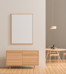 Mock up poster frame in modern interior with wooden furnitures.  Minimalist dining room design. 3D illustration.