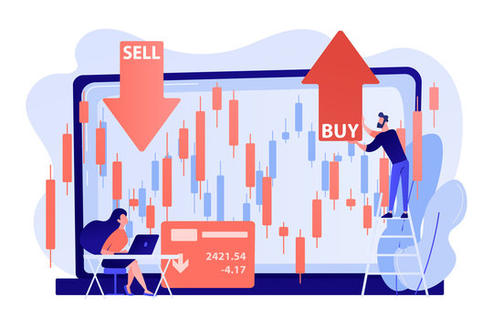 Tiny people stock traders at laptop with graph chart buy and sell shares. Stock market index, stockbroking company, stock exchange data concept. Living coral bluevector isolated illustration
