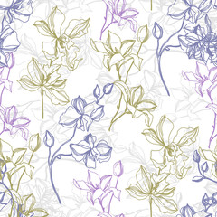 Vector Orchid floral botanical flowers. Black and white engraved ink art. Seamless background pattern.
