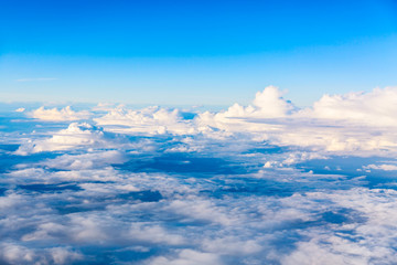 Fototapeta na wymiar Beautiful above sky panoramic view from airplane. Skyline background panorama.