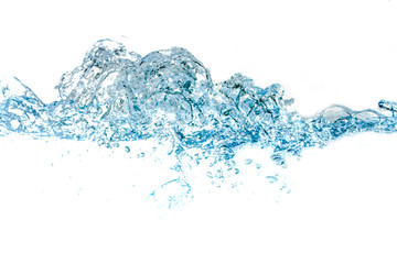 Water splash and air bubbles isolated over white background. Blue water wave abstract background isolated on white