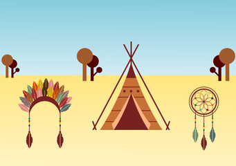 Fototapeta premium Native American themed illustration with wigwam, dream catcher and headdress. Native American culture concept. Artwork with ethnic design elements. Landscape.Vector illustration, flat style, clip art.