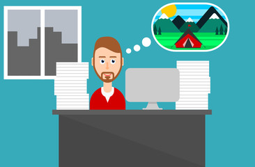 Man sitting in the office thinks about vacation. Businessman at work imagines escape to nature. Male character dreaming about camping trip with piles of paperwork on table. Vector illustration, flat.
