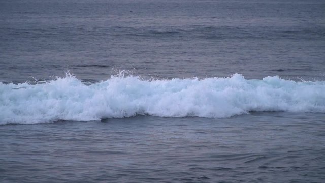 Wave with foam on the surface of water in ocean near coast. Slow motion