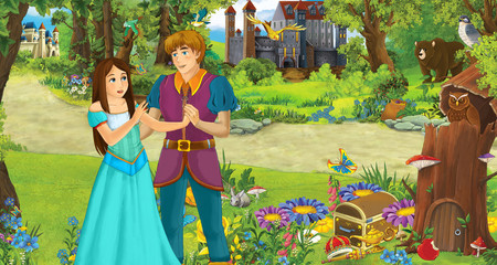 cartoon scene with happy young girl and boy prince and princess in the forest near some castles - illustration for children © honeyflavour