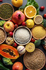 Full screen of fresh seasonal fruits and vegetables and whole grains