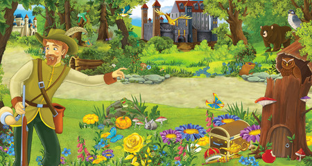 cartoon scene with older man farmer or hunter in the forest encountering two castles - illustration for children