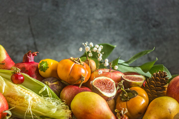 Ripe fruits, persimmons, apples, pears figs, nuts, melon, pomegranate on a dark background. Still life of autumn fruits, harvest concept. Nature background made of autumn fruit Autumn fruits concept