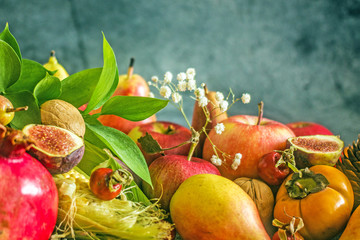 Ripe fruits, persimmons, apples, pears figs, nuts, melon, pomegranate on a dark background. Still life of autumn fruits, harvest concept. Nature background made of autumn fruit Autumn fruits concept