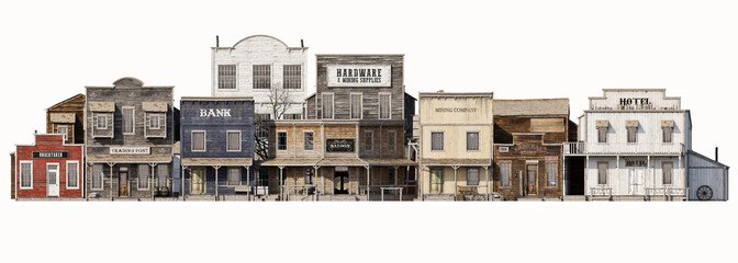 Front wide view of an old rustic antique western town with various business on an Isolated white background. 3d rendering