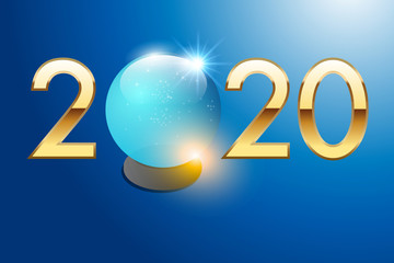 2020 est écrit en chiffres dorés sur un fond bleu avec une boule de cristal pour prévoir l’avenir. - obrazy, fototapety, plakaty