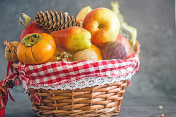 Basket with ripe vegetables and fruits. Save space. background of nature, Concept of biological, bio products, bio ecology, vegetarians.Autumn nature concept . Thanksgiving dinner . Vegetarian food