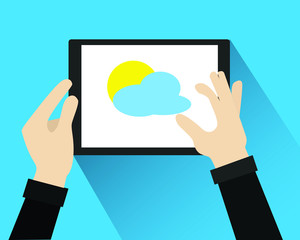 Hand touching clouds icon  screen of tablet . Eps 10 vector illustration.