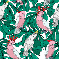 Vector Sky bird cockatoo in a wildlife. Black and white engraved ink art. Seamless background pattern. © LIGHTFIELD STUDIOS