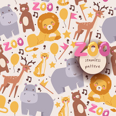 Seamless pattern with zoo animals, vector illustration. Lion, hippo, deer, bear and cat in cartoon style isolated on white background. Happy and smiling animals - obrazy, fototapety, plakaty