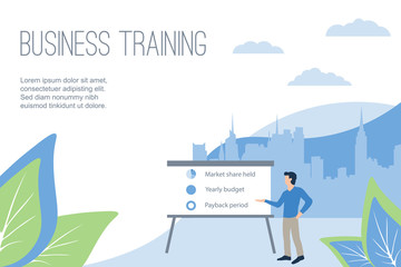 A coach conducts business training, shows a presentation on a board. Background of leaves and city buildings. Vector template for landing page, banner, business card or flyer in a flat style.