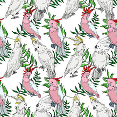 Vector Sky bird cockatoo in a wildlife. Black and white engraved ink art. Seamless background pattern.
