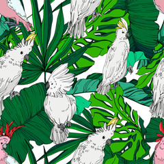 Vector Sky bird cockatoo in a wildlife. Black and white engraved ink art. Seamless background pattern. © LIGHTFIELD STUDIOS