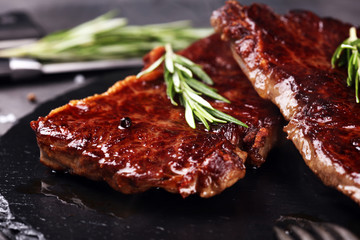 Barbecue Rib Eye Steak or rump steak - Dry Aged Wagyu Entrecote Steak on rustic background