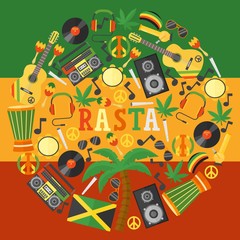 Obraz premium Jamaica rastafarian icons in round frame composition, vector illustration. Flat style symbols of Jamaican culture and reggae music. Isolated items of rastafarian lifestyle
