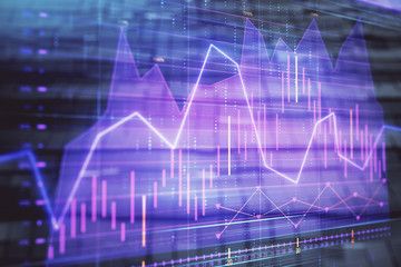 Financial chart hologram with abstract background. Double exposure. Concept of market analysis