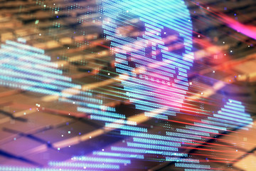 Cyber piracy concept drawing hologram with abstract background. Multi exposure.