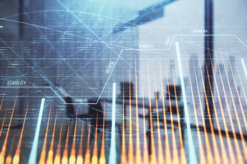 Business theme graph hologram with minimalistic cabinet interior background. Double exposure. Stock market concept.