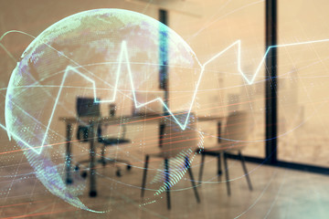 Forex chart hologram with map and minimalistic cabinet interior background. Double exposure. International business concept.