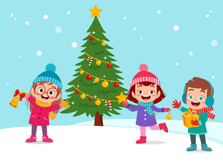 Obraz na płótnie Canvas happy kids christmas tree snow