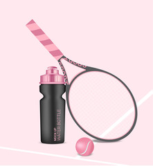 Bottle Mock up 3D Realistic Water Shaker Pastel Pink with Racket  and Tennis Ball Background Illustration. Health Care, drink and Sport Concept Design