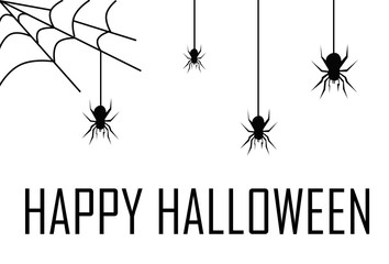 feliz halloween, fondo blanco con arañas banajo de sus telarañas 