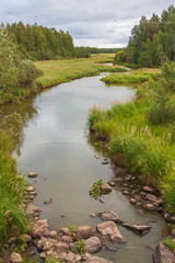 Fototapeta na wymiar The quiet curved river with marshy banks flows through the forest, municipality of Vaala in Kainuu in Finland