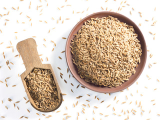 Cumin seeds (Cuminum), Jeera in wooden scoop and clay plate on a white background