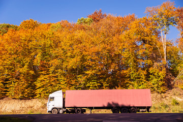 truck at highway yellow autumn forest on background