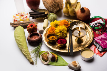 Pooja Material / Puja Sahitya in Hindu Religion from India, arranged in a group. selective focus