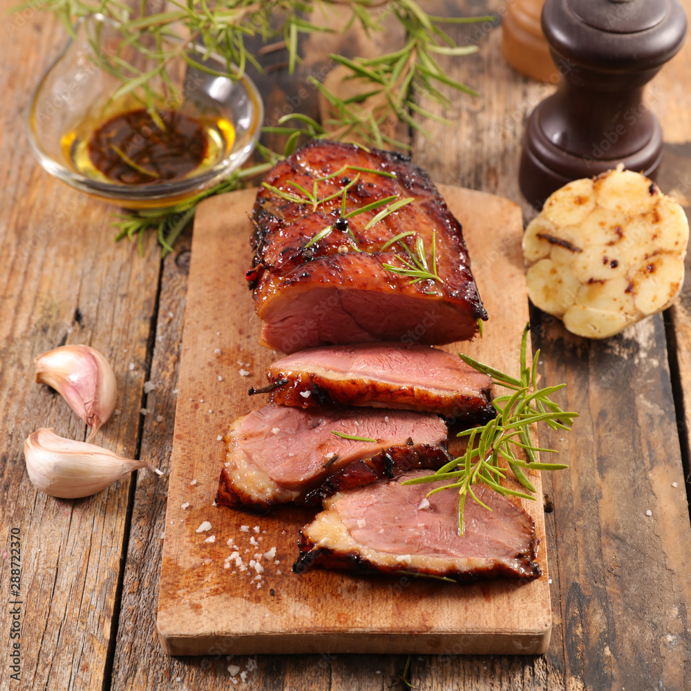 Wall mural grilled duck fillet with sauce and garlic - Wall murals