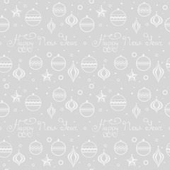 Christmas tree toys seamless pattern with hadwritten lettering happy new year