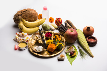 Pooja Material / Puja Sahitya in Hindu Religion from India, arranged in a group. selective focus