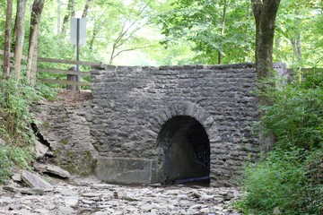 The old stone bridge in the forest on a summer day.